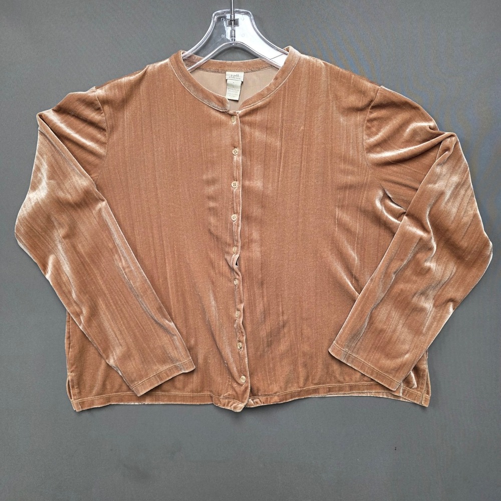 J.Jill Cardigan Women's Velvet Button Up Stretch Long Sleeve Tan L